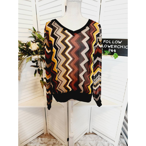 MISSONI HERRINGBONE BROWN BLACK YELLOW SWEATER SIZE XL - Picture 1 of 6